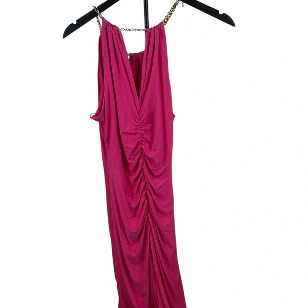 Caché Pink Ruched Maxi Dress with Gold Chain Straps – Size M - Picture 2 of 5